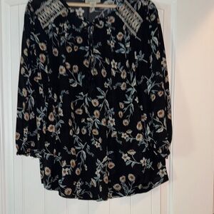 Style & Co. Black and Tan Embellished Blouse with Notched Collar